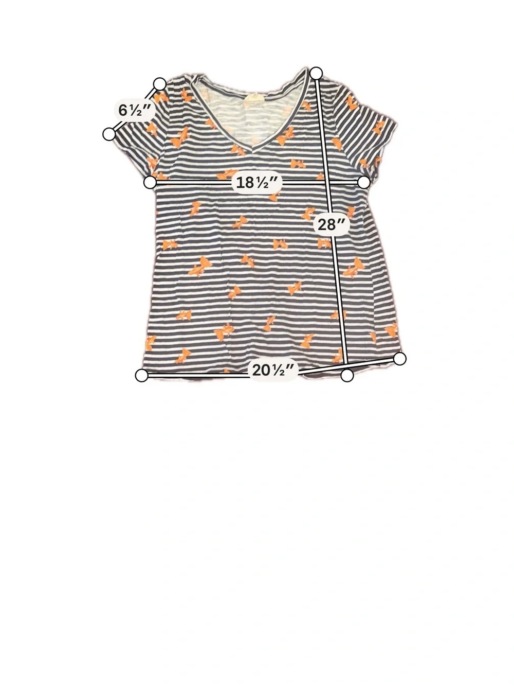 Maison Jules Navy & White Striped V‑Neck Tee with Orange Bow Print